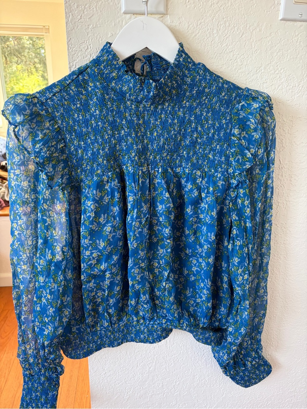 Free People Blue Floral Smocked High-Neck Blouse